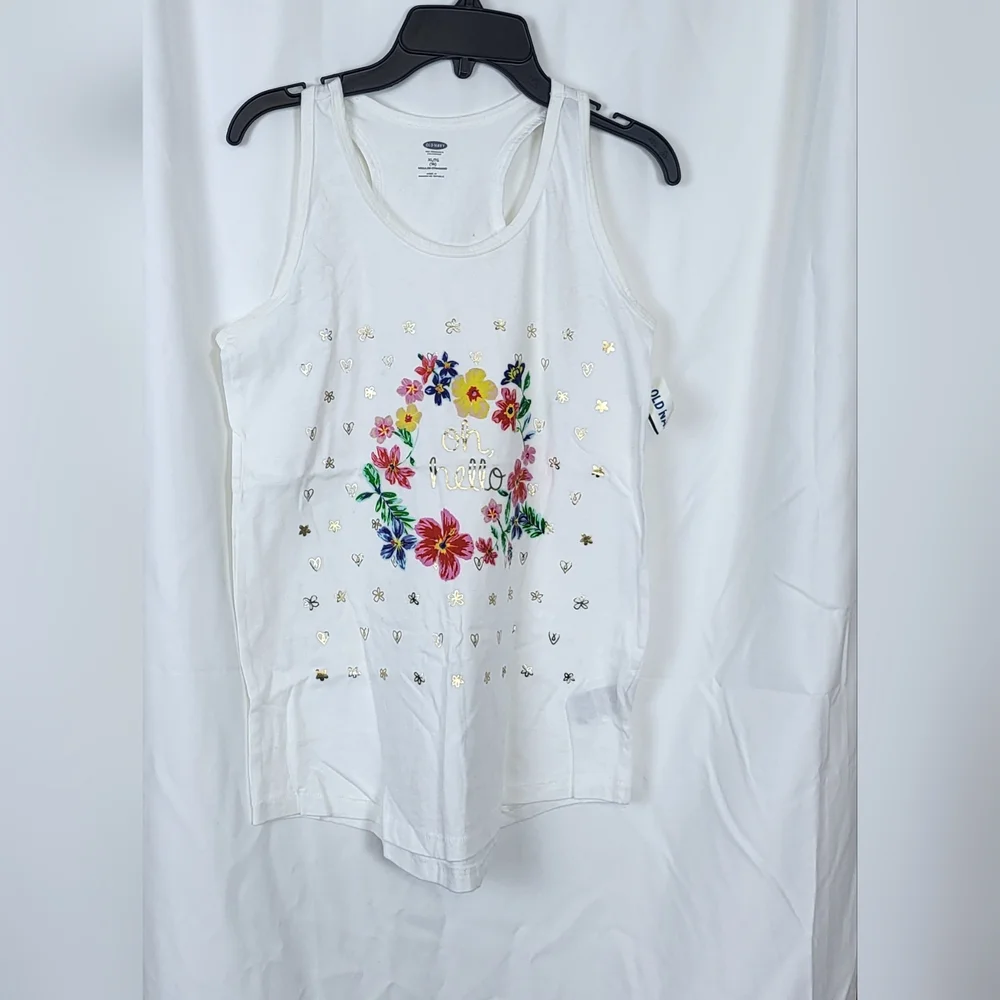 Old Navy Girls White Floral Gold Embellished Razorback Summer Tank Top XL/14 New